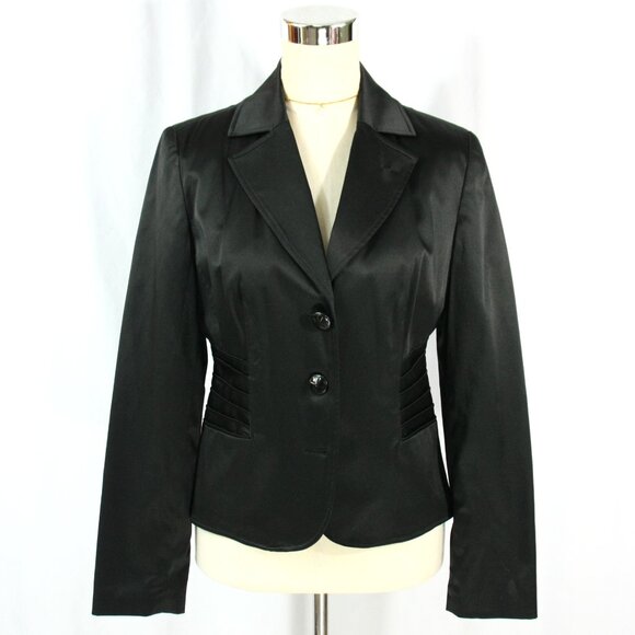 Sharagano Black Satin Notched Collar Blazer Jacket Leopard Print Lining 4 - Picture 1 of 9